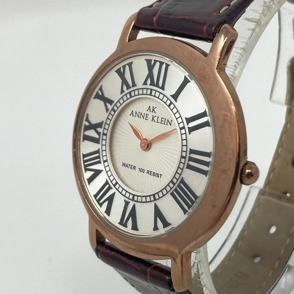 Anne Klein Womens Watch 34mm Rose Gold Tone Asymmetric Leather New Battery 7.75